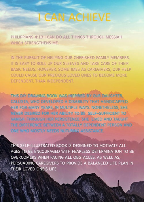 I Can Achieve Book Cover Jacket, featuring a lone climber at the top of a mountain ridge, with a majestic mountain range in the background under a beautiful glowing sky
